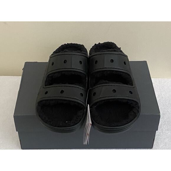 CROCS Black Fuzz-Lined Double Strap Slide Sandals main image 5